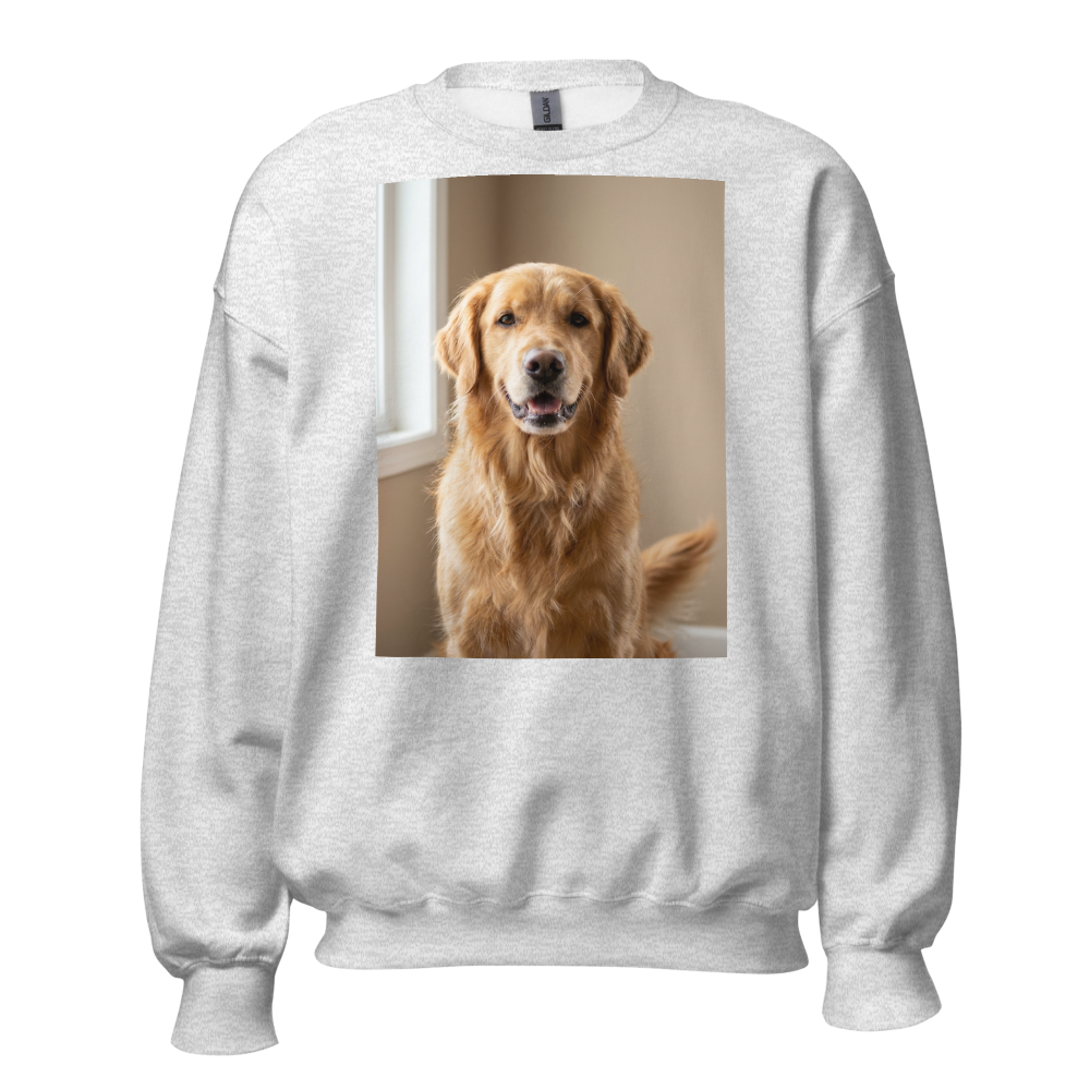 Custom Pet Photo Crewneck Sweatshirt, shown with an example photo