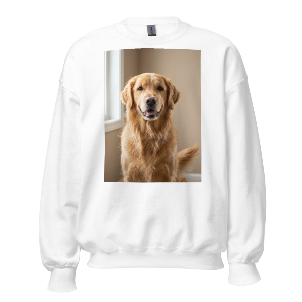 Custom Pet Photo Crewneck Sweatshirt, shown with an example photo