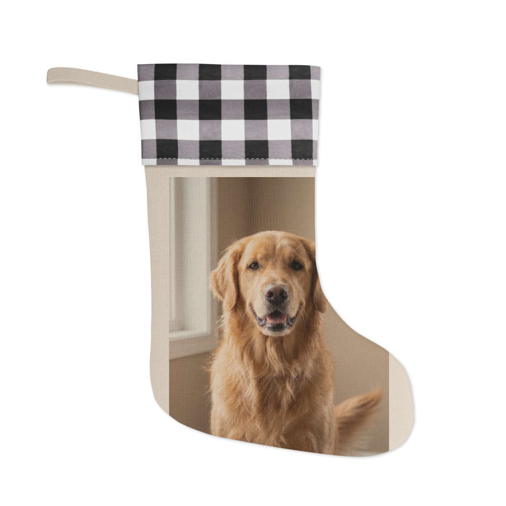 Custom Pet Photo Christmas Stocking, shown with an example photo