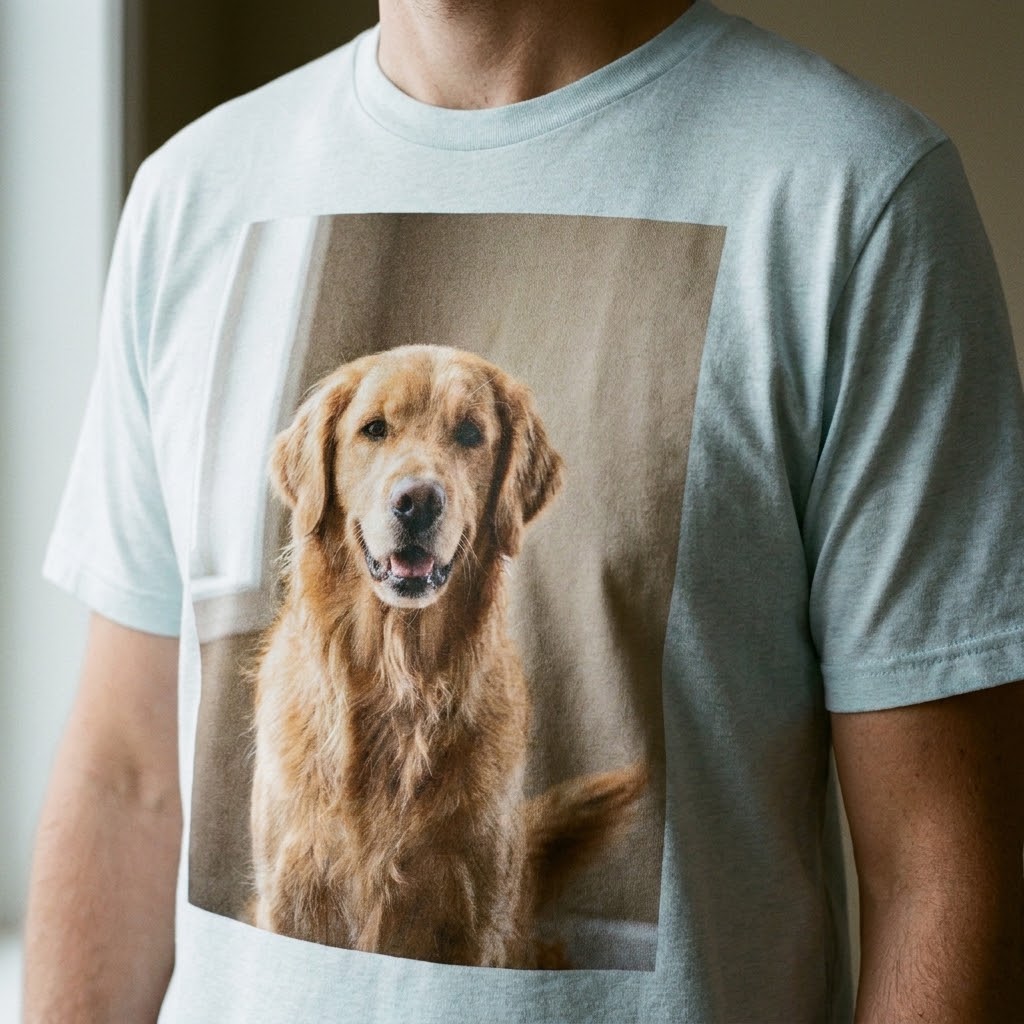 Custom Pet Photo T-Shirt, shown with an example photo